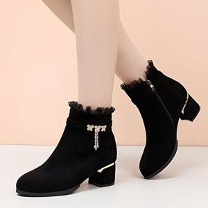 TEMU 새로운 여성용 나비 장식 청키 힐 부츠, 패션 사이드 지퍼 앵클 부츠