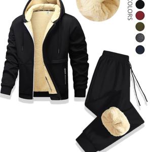 TEMU 남성용 플리스 안감 후드티 & 스웨트팬츠 세트 - 캐주얼, 지퍼업, 단색 포켓 가을/겨울용