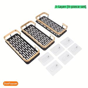 TEMU 3단 메탈 선반 + 6개 네일 프리 자가 점착 스티커, 9pcs 세트, 다기능 욕실, 침실, 주방 선반, 3단 샤워 선반 바구니, 드릴 불필요 직사각형 공간 알루미늄 샤워 수납 랙 (퓨어 블랙) (골든)