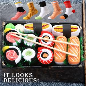TEMU 남녀 공용 미드 카프 양말 5켤레가 들어있는 선물 상자. 부드럽고 편안한 스시 테마 양말이 특징이며, 기발한 음식 디자인으로 구성되어 있습니다. 할로윈, 추수감사절, 크리스마스, 가족 모임, 파티에 적합합니다.