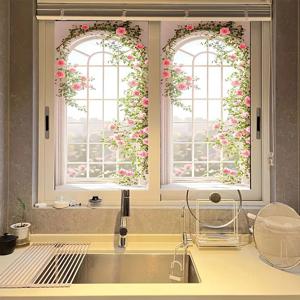 TEMU 2D 플랫, 1개 2D 플랫. 우아한 장미 꽃무늬 창문 필름, 탈부착 가능한 정전기 유리 스티커, 프라이버시 장식용 홈 데코. 유리 필름, 2D 플랫