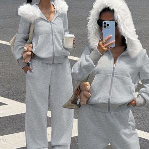 TEMU 캐주얼 가을/겨울 따뜻한 긴팔 기모 안감 후드티 (지퍼 포켓 & 와이드 레그 팬츠 여성용 투피스 세트) | 단색, 지퍼 디테일