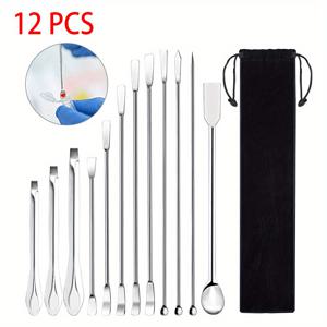 TEMU 12개 스테인리스 스틸 실험실용 뒤집개 세트 (미세 스쿱 및 용매용 혼합 도구 포함), 분말 및 젤 샘플링용으로 설계되었으며 양면 디자인 특징.