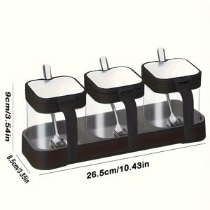 TEMU 유리 재질의 덮개형 스파이스 용기 세트 (소금통, 설탕통, 검정색 트레이에 병 3개 및 스푼 3개 포함), 주방 및 식품 보관에 적합