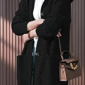 TEMU 플러스 사이즈, 버튼 프론트 롱 슬리브 후드 가디건, 캐주얼 솔리드 더블 포켓 케이블 드롭 숄더 오픈 프론트 스웨터, 여성용