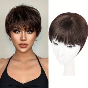 TEMU 여성을 위한 짧은 앞머리가 특징인 합성 피시 가발. 데일리룩에 이상적입니다. 이 헤어 토퍼는 두피와 앞머리가 포함되어 있으며, 얇은 머리카락을 가진 사람들을 위해 디자인된 짧은 레이어드 가발입니다. 즉시 볼륨을 제공합니다.