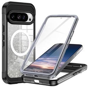 Hekodonk 구글 픽셀 10 케이스, 프로 MagSafe와 호환, 마그네틱 글리터 케이스 내장 9H 강화 유리 액정보호필름 커버, 10/10 프로용, 블랙