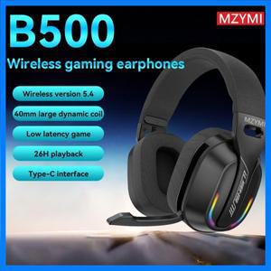 MZYDM B500 무선 블루투스 5.4 게이밍 헤드셋 RGB 라이트 저지연 오버이어 헤드폰 마이크 포함 PC 이어폰