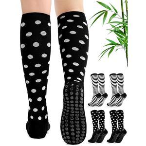 AlisOker 4켤레 여성용 대나무 비스코스 압박 양말 15-20mmHg 무릎 높이 지지대 미끄럼 방지 점 간호사 스포츠용