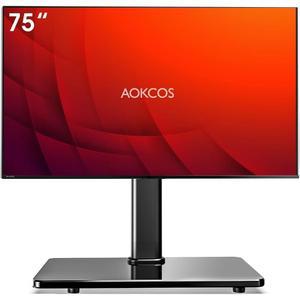 32-75인치 TV용 스위블 유니버설 TV 스탠드 틸트 다운/업 8단계 높이 조절식 테이블 탑 TV 마운트 스탠드 안정적인 헤비 듀티 강화 유리 베이스 MAX VESA 600x400mm 최대 99파운드 블랙