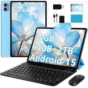 SUAAT 10인치 태블릿 안드로이드 15 태블릿, 키보드 포함, 30GB 64GB 1TB 확장 탭 PC, 2.0GHz 옥타코어, 8MP 카메라, 6000mAh, GMS, WiFi 6, BT 5.0, FHD 디스플레이, 와이드바인 L1, 제미니 AI(블루)