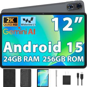 2026 12인치 태블릿, 키보드가 장착된 안드로이드 15 태블릿 - 24GB RAM, 256GB ROM, 2TB 확장, 2000x1200 화면, 옥타코어, 8+16MP 카메라, 8000mAh, 5G 와이파이, 케이스, 스타일러스, 마우스가 2K 태블릿(블랙