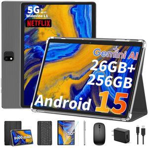 2025년 안드로이드 15 태블릿(키보드 포함), 26GB+256GB+2TB 확장, 10인치 투인원 8코어, 5G WiFi, 8000mAh, BT5.0, 5MP+13MP, GMS, GPS, 와이드바인 L1, 태블릿 PC(마우스 케이스, 스타일러스(블랙)