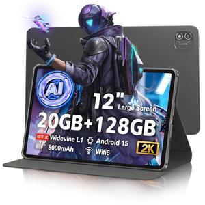 Android 15 태블릿 12인치, 2000 1200 디스플레이 AI 태블릿, 옥타코어 최대 2.0GHz, 20GB RAM 및 128GB 1TB 확장, 8000mAh 20개 PD 충전기, WiFi 6, BT5.0, GPS 지원
