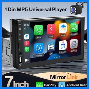 Hippcron 7인치 카 라디오 1 Din 카플레이 안드로이드 오토 멀티미디어 플레이어 USB FM AUX 입력 블루투스