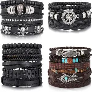 키스 와이프 남성용 가죽 팔찌 4팩 펑크 세트 PU 땋은 랩 손목밴드 스켈레톤 록 이모 주얼리 액세서리 조절