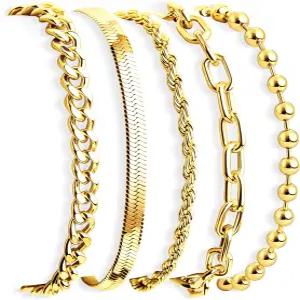 여성용 금 팔찌 스택 세트 고급 두꺼운 심플한 얇은 도금 커프 비즈드 쿠바 페이퍼클립 뱀 로프 뱅글 핸드