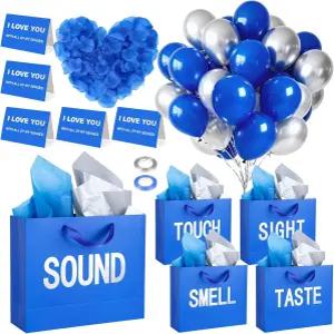 휴지가 있는 오감스 선물주머니 장미 꽃잎 풍선이 달린 블루 실버 생일 결혼 기념 발렌타인데이 선물 장식