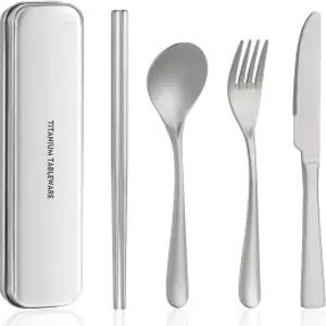 티타늄 식기 여행 세트 젓가락 숟가락 포크 나이프를 포함한 휴대용 도시락 실버웨어 재사용 가능 사무실