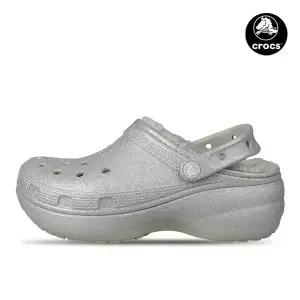크록스 클래식 플랫폼 글리터 라인드 실버 여성 겨울 방한 털슬리퍼 210413-040
