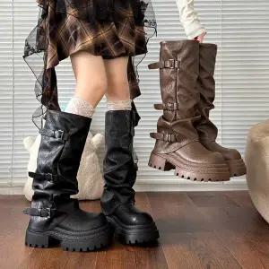 시크덩꼬 셔링 멀티 벨트 폴딩 라이딩 통굽 롱부츠