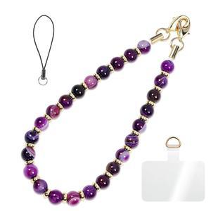 여성을 위한 힐링 스톤 폰 참, 구슬 카메라 손목 스트랩, 지갑용 테더 탭 열쇠고리 장식이 있는 핸드메이드 휴대폰 체인 랜야드(보라색 피콕 게이트)