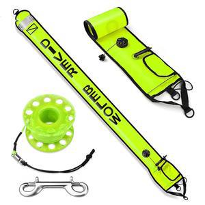 릴 세트가 포함된 다이빙 SMB, 5피트 스쿠버 표면 마커 부표(DSMB) + 100피트 & 클립 납 무게 보관 가방, 및 수중 안전을 위한 가시성이 높은 신호 튜브(형광 노란색)