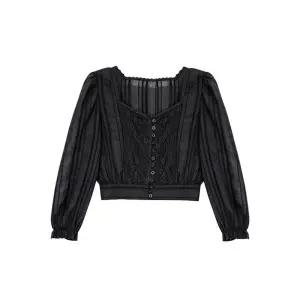 숏기장 여신 블랙블라우스 스퀘어넥 레이스 블랙