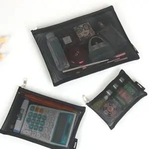 블랙 메쉬파우치 3종세트 화장품 소지품 필기구 여행 여행용파우치