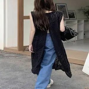 2컬러 시원한 뒷트임 시스루 짜임 레이어드 롱조끼 (KYR-WFILGQH)