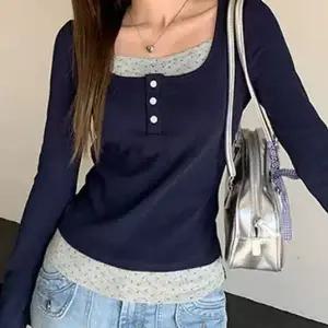 배색 레이어드 스퀘어넥 여성 긴팔 캐주얼 티셔츠 (WFJSP0Q)