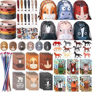 릴리풀 152개 말 테마 파티 용품 드로스트링 백 열쇠고리 고무 손목밴드 배지 퍼즐 스티커 메모장 장식용 소프트 연필 시뮬레이션