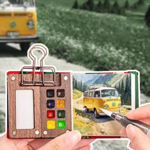 미니 호두나무 수채화 팔레트 휴대용 페인트 박스 클립 포함 여행용 트레이 용품 스케치북