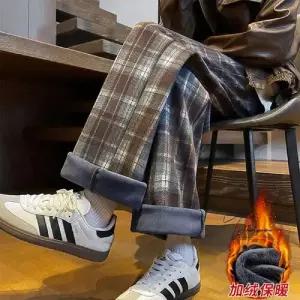 남자 면 바지 빈티지 기모 도톰 체크 가을 겨울 일자 와이드 슬리퍼 힛템