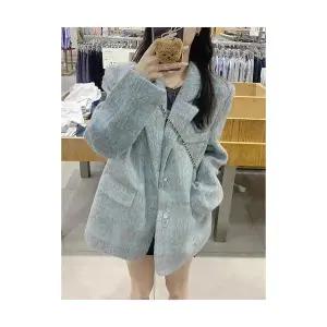 여자 정장 자켓 모직 안감이 있는 빈티지 체크 코트 가을 겨울 상의 ST4