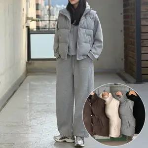 [3P세트/단독구매가능] 웰론 패딩 조끼+후드 집업+와이드 팬츠 셋업 4color 겨울 기모 트레이닝 세트