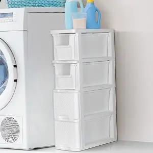 4단 수납장 슬림 화이트 다용도 틈새 수납장 안방 거실 공간 플라스틱 바구니 장난감 서랍장 책장 욕실