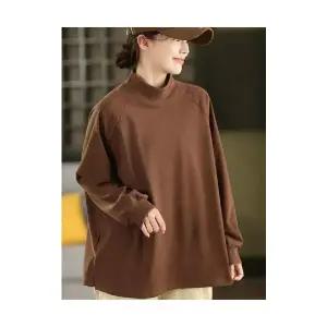 EAMT 여성 가을 겨울 빈티지 맨투맨 반하이넥 긴팔 풀오버 솔리드 스웨터 상의 YJ4