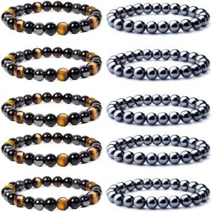 남성용 WAINIS 10PCS 8mm 블랙 헤마타이트 마그네틱 비드 테라피 팔찌 여성용 스톤 스트레스 해소 트리플