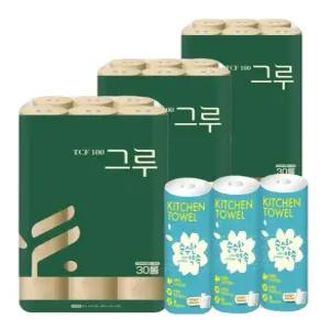 그루 오리지날 무표백 천연펄프화장지 3겹 30m 30롤 3팩+순수한약속키친타월 65매 3롤