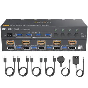HDMI DP KVM 스위치 4 컴퓨터 2 모니터 8K@60Hz /4K@144Hz 듀얼 포트 4개의 USB3.0 USB 케이블 및 전원