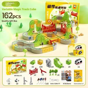 새로운 변형 가능한 자석 트랙 큐브 어린이 교육용 고속 열차 장난감 DIY 무선 조종 없는 레일카 남아 여아