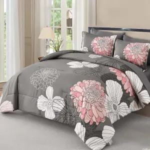 이란 그레이 핑크 이불 퀸 사이즈 7피스 플로럴 침대 가방 세트 부드러운 극세사 침구 플랫 시트 핏 베개