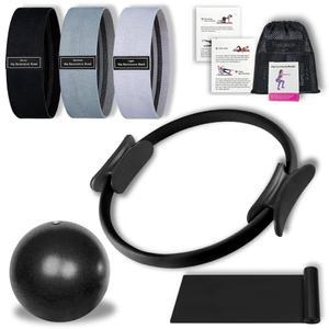 시설 필라테스 링 세트 - 매직 서클 링이 포함된 에센셜 키트, 3개의 저항 밴드, 스트레칭 스트랩, 미니 운동 볼, 가이드, 홈 운동용 피트니스 스타터 키트