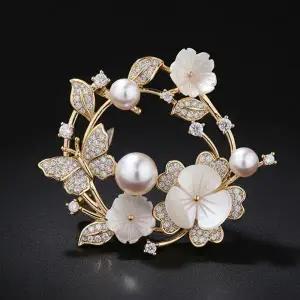 [하프클럽/]브로치 꽃 진주 꽃다발 원형 지르코니아 골드