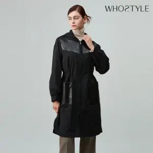 후스타일 여성 레더 믹스 후드 롱 집업 코트 블랙
