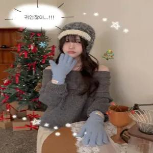 [엘루이즈][엘루이즈] 마슈니 배색 리본 포인트 폭닥 니트 귀달이 모자(2color)