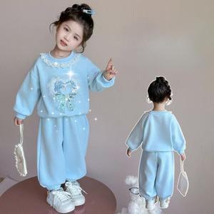 파란색 가을 신상 스윗하고 귀여운 공주풍 레이스 러브 긴팔 후드티와 바지 투피스 세트 (여아 캐주얼 의류)