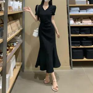 여성 블랙 브이넥 머메이드 퍼프소매 롱 원피스