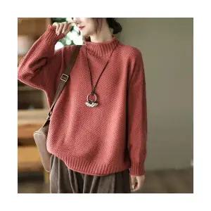 EAMT 여성 가을 겨울 빈티지 면사 니트 풀오버 롤업 긴팔 슬림핏 YJ4